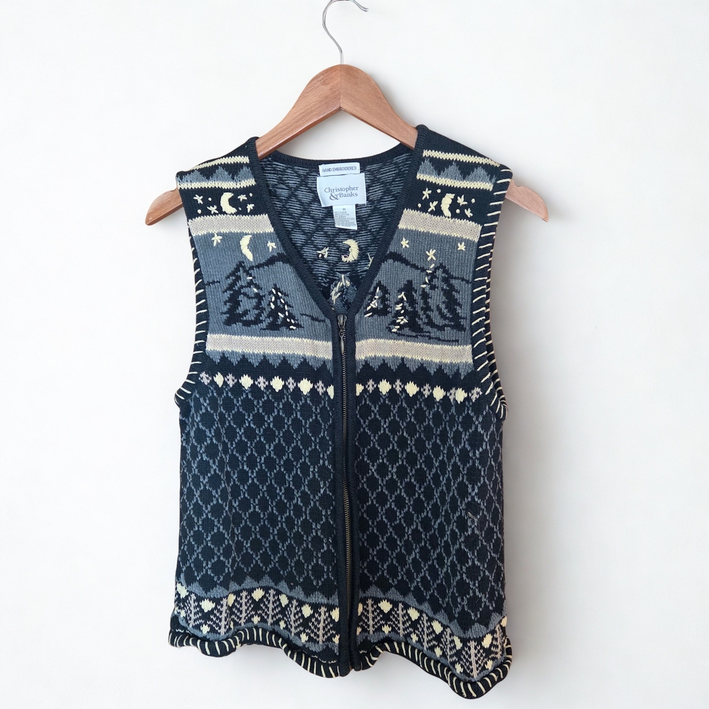 Vintage Trees And Moon Christopher & Banks Forest Green Fair Isle Zip Vest